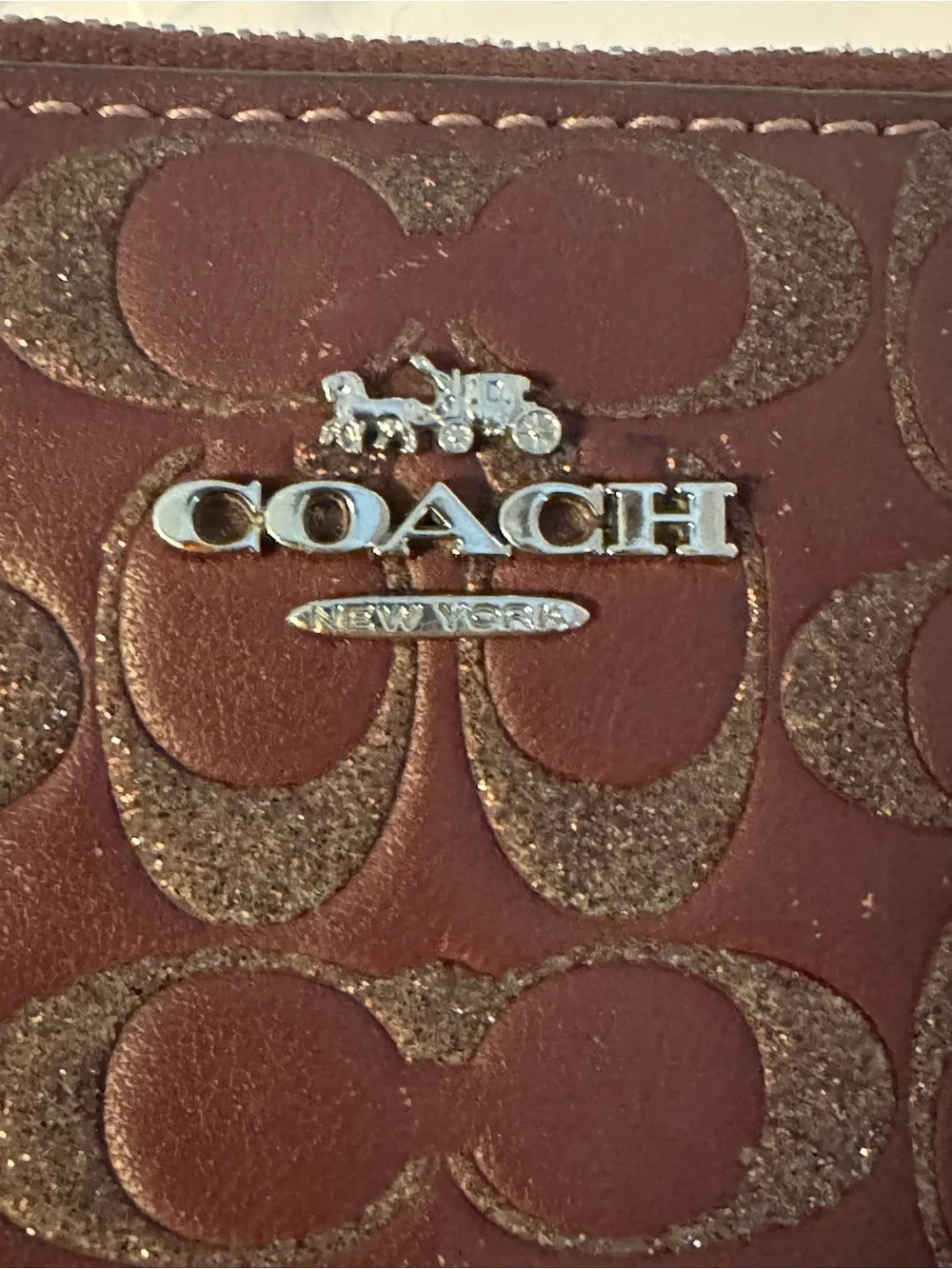 #302 Coach Glitter Signature Large Accordion Zip Around Phone Wristlet Wallet